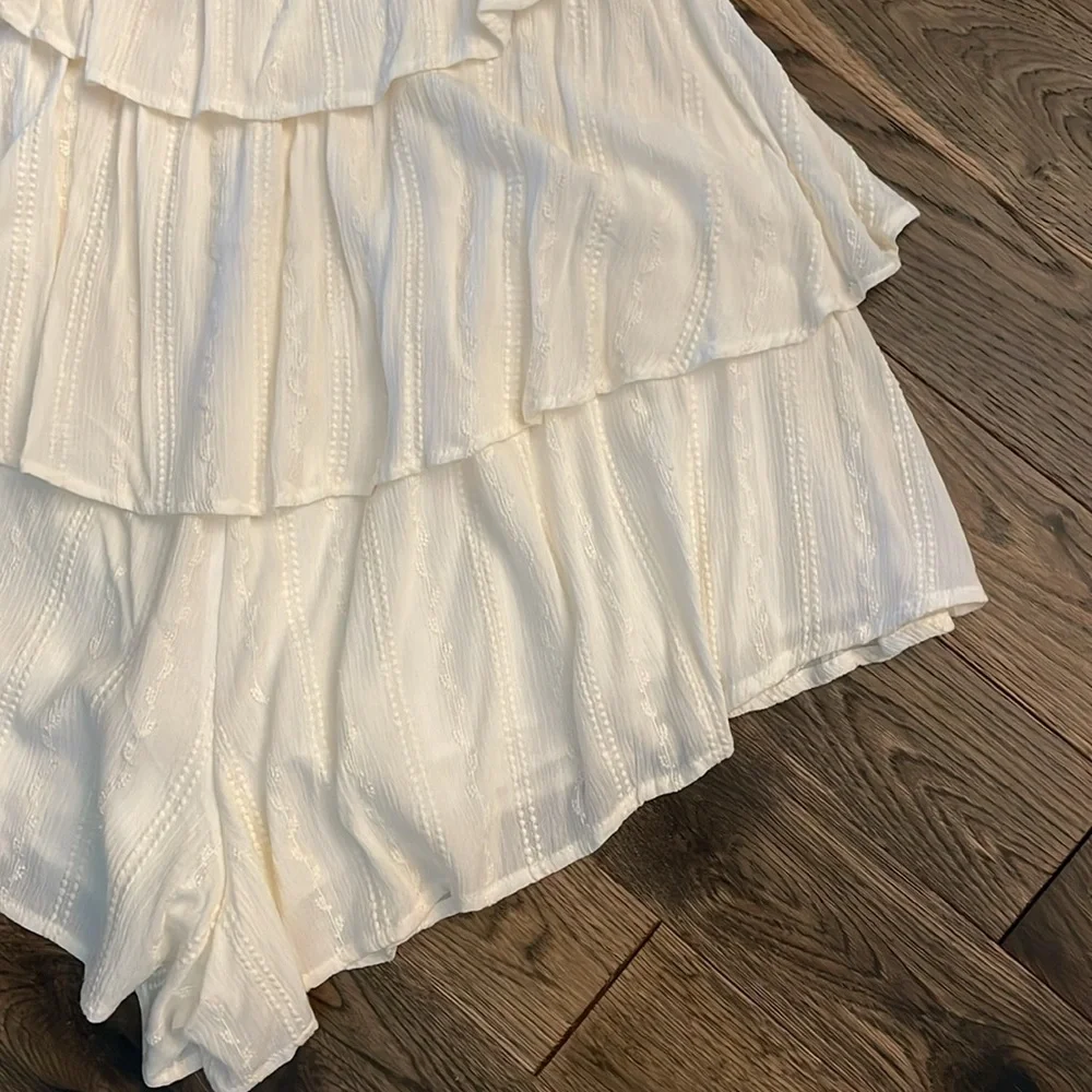 Express Cream Ruffle Off-Shoulder Romper - Picture 14 of 17